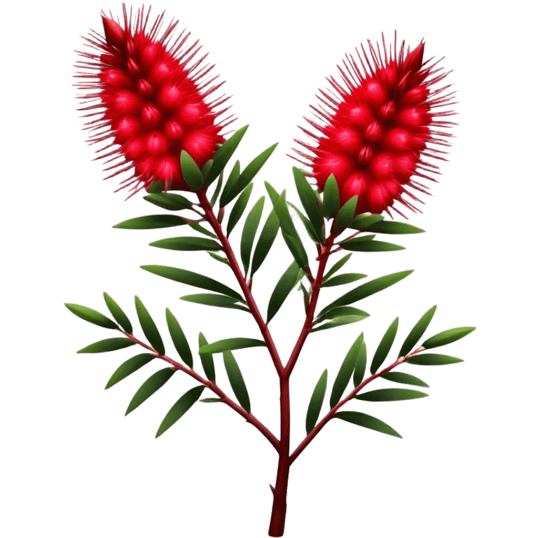 Cinematic Realistic Callistemon Emoji, Vibrant and striking, with spiky red flowers resembling a bottlebrush. The slender leaves create a fine backdrop to the bold blooms, while the plant exudes energy and vitality. Soft glowing outline, capturing the essence of strength, color, and natural beauty in a brilliant callistemon tree! emoji