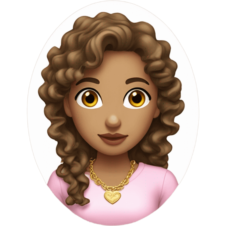 long curly haired, olive skinned, girl, brown eyes and brown hair with some meshes. a little curvy, oval face and plump pink lips. with a white long sleeved shirt and cute gold necklace and gold earrings. emoji