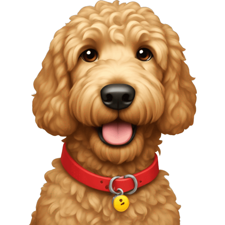 light brown golden doodle wearing a red collar emoji