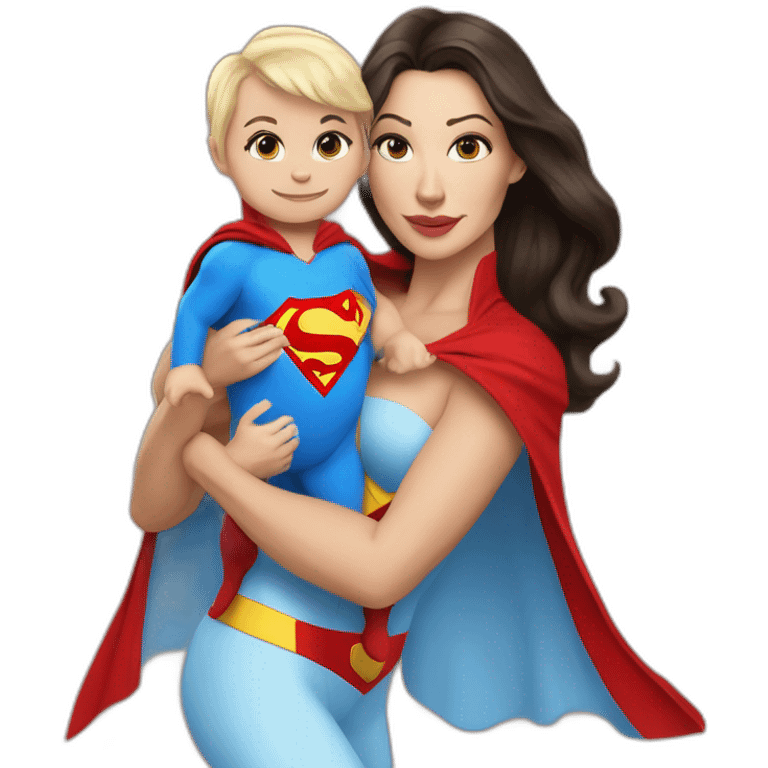 mother white skin brunette dressed as Superman with a cape holding a blondbaby emoji