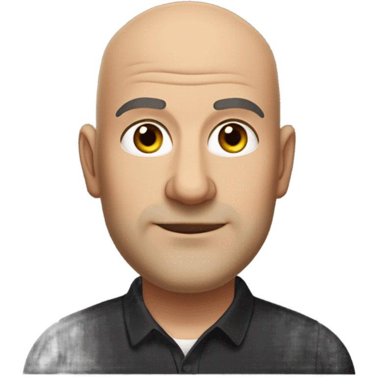 A slightly overweight middle-aged Italian man with olive-toned skin with bald hair and no facial hair. He is wearing a sleek black smart shirt, casually unbuttoned at the top. emoji