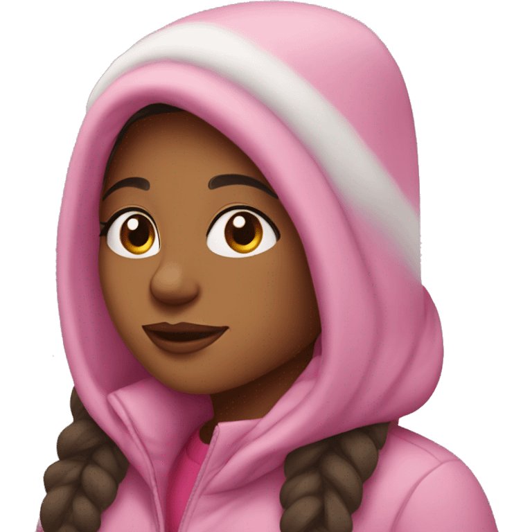 Brown girl in snow wearing pink emoji