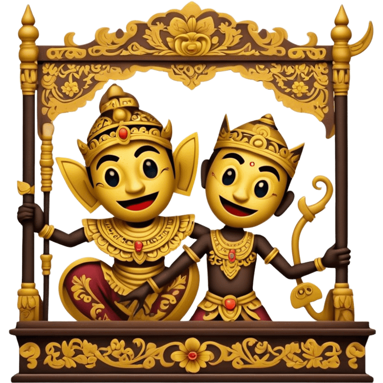 Cinematic Realistic Wayang Kulit Pop Culture Emoji, featuring a vibrant shadow-puppet theatre scene rendered with dynamic textures and artistic, traditional lighting. emoji