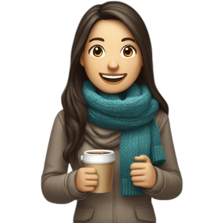 white laughing female data science engineer with dark brown straight long hair in a tech startup wearing woolly scarf and wearing a coffee mug, not full body shot emoji