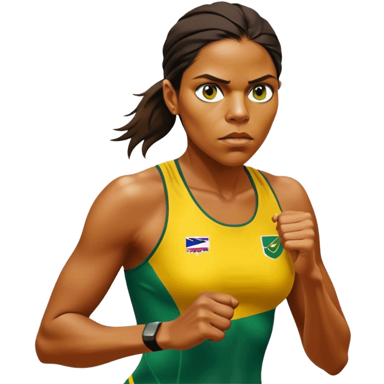 Cinematic Realistic portrait of Cathy Freeman, shown as an iconic Australian sprinter with a focused, determined expression and modern athletic yellow and green attire accented with subtle native motifs, rendered in dynamic, vibrant lighting emoji