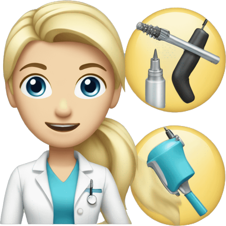 female dentist blond hair in a ponytail with blue eyes holding drill emoji