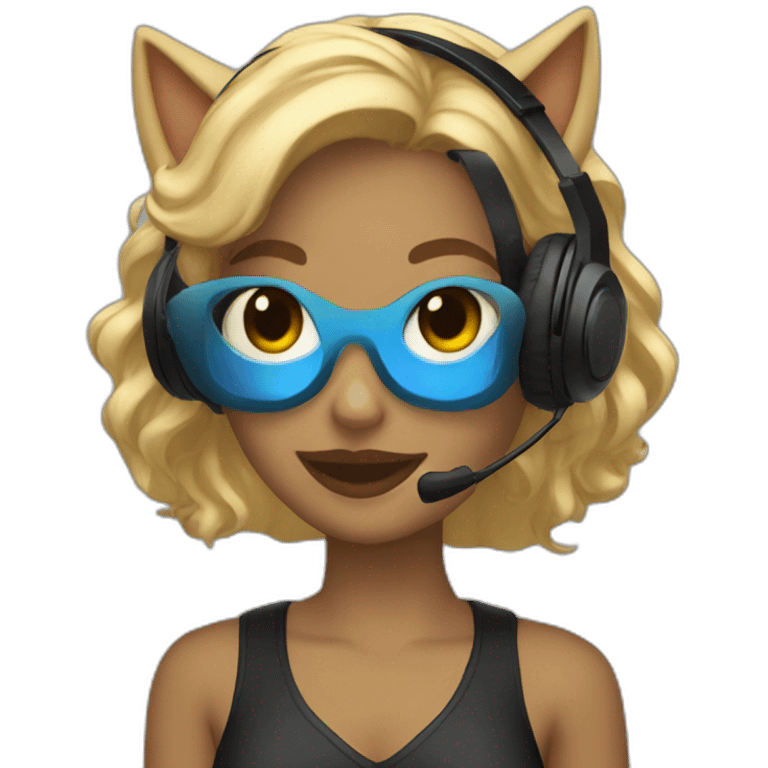 she blond developer has black cat headphones with blue lights emoji