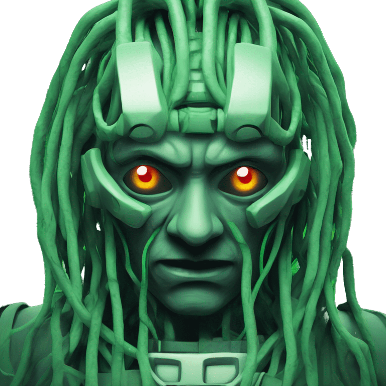 shodan from system shock game with green wires and evil eyes emoji