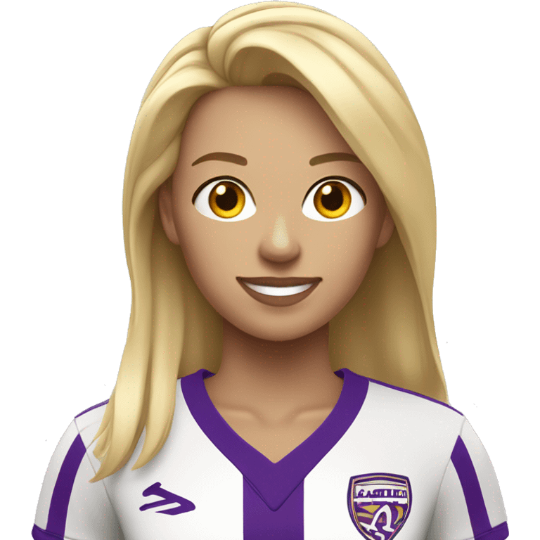 a blonde woman in a white soccer jersey with purple pinstripes emoji