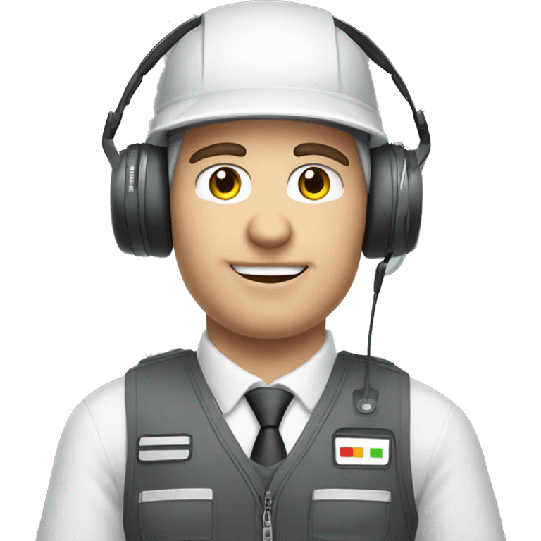 white skin male coordinator with vest on wearing apple vision pro headset and checking an aircraft motor emoji