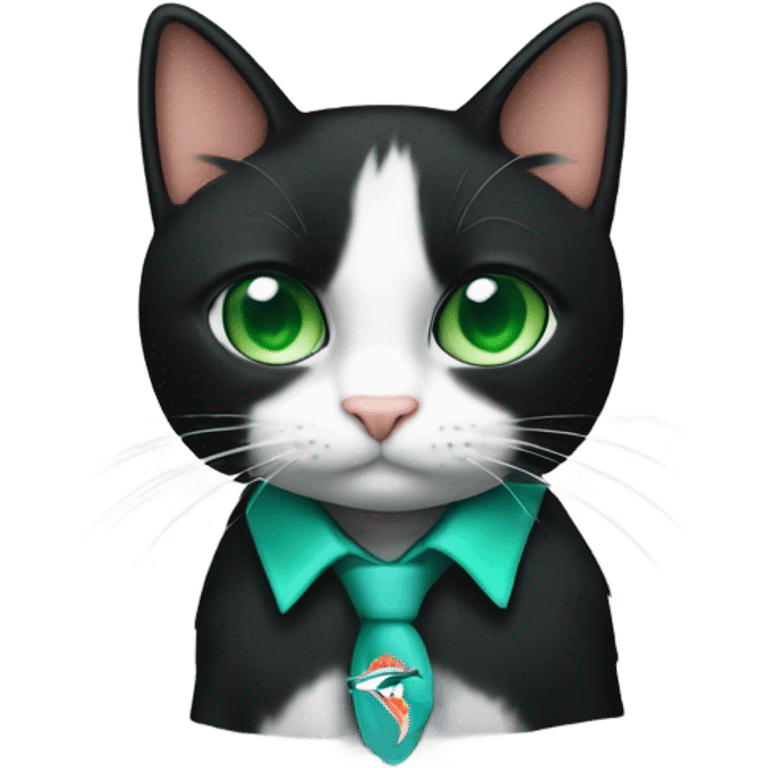 Tuxedo cat with green eyes wearing miami dolphins shirt  emoji