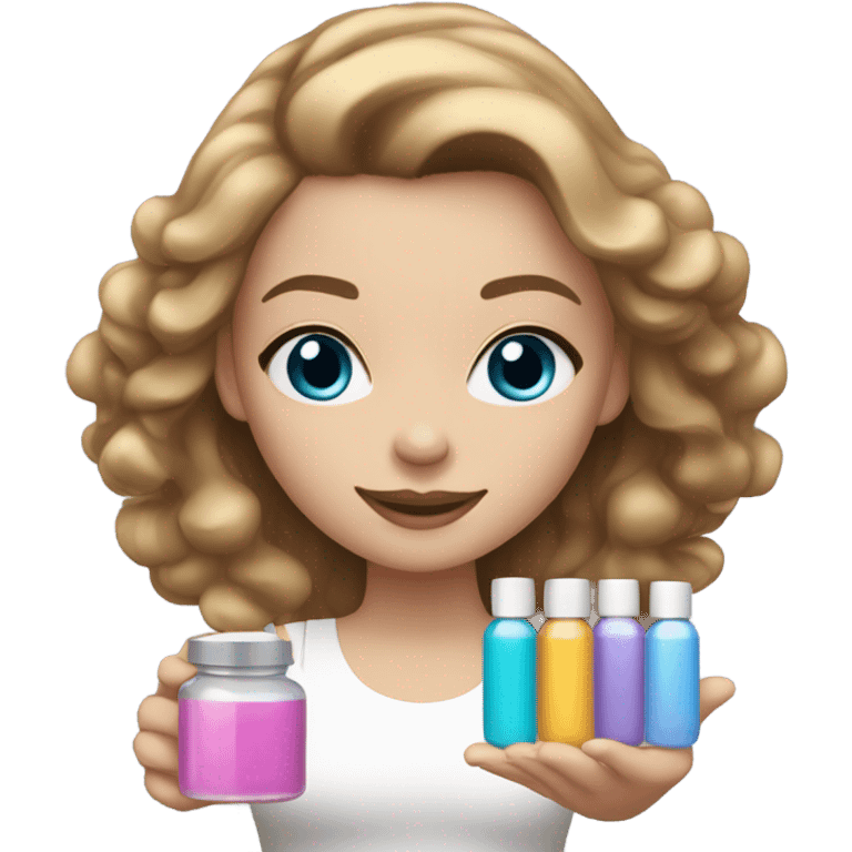 girl with light brown hair and white skin and blue eyes holding jars of cosmetics emoji