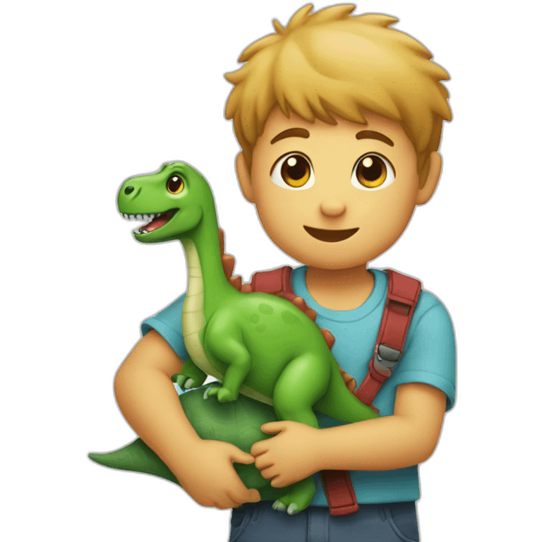 Kid hugging a litle dinosaur toy in his chest emoji