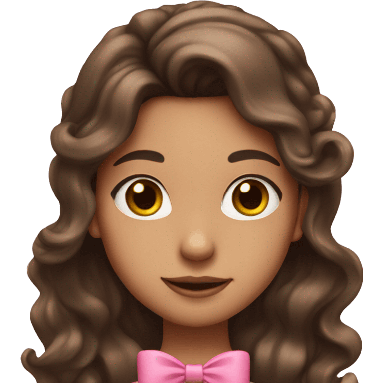 Girl with long wavy brunette hair with a half up half down pink bow hairstyle emoji