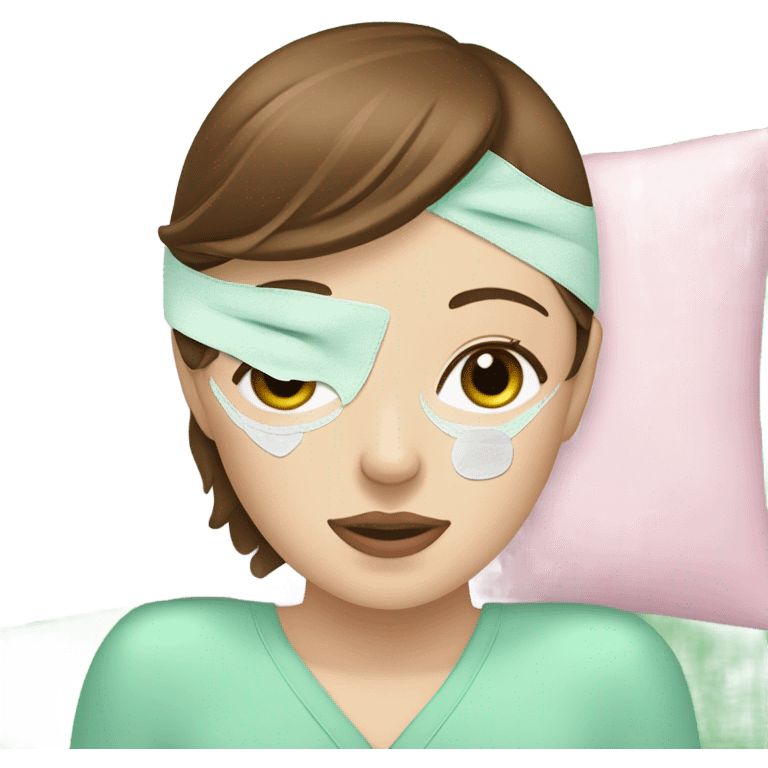 Girl with brown hair freackles white skin tone and blue eyes wears green sheet mask relaxing her eyes closed and two pickple piece over her eyes emoji