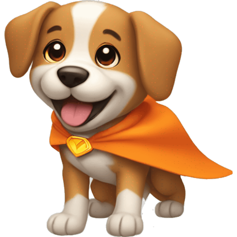 Superhero puppy that is smiling and flying with orange cape emoji