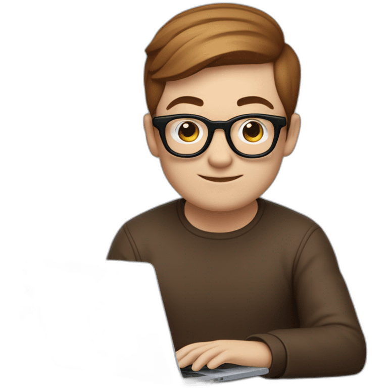 an apple memoji style emoji of a young man in rounded glasses with short brown hair and a smile on his face with a laptop in front of him with the github octocat logo replacing the apple logo emoji