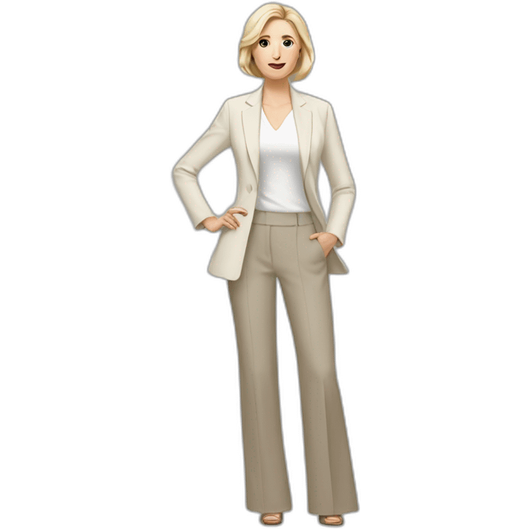 Full height Actively gesturing with hands pale skin woman with ash blonde Straightened bob Hair, White Spacious classical jacket, beige palazzo Arrow pants and gray blouse emoji