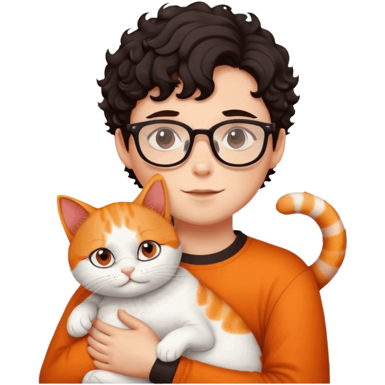 Boy with curl dark hair and glasses hugs white and orange cat emoji