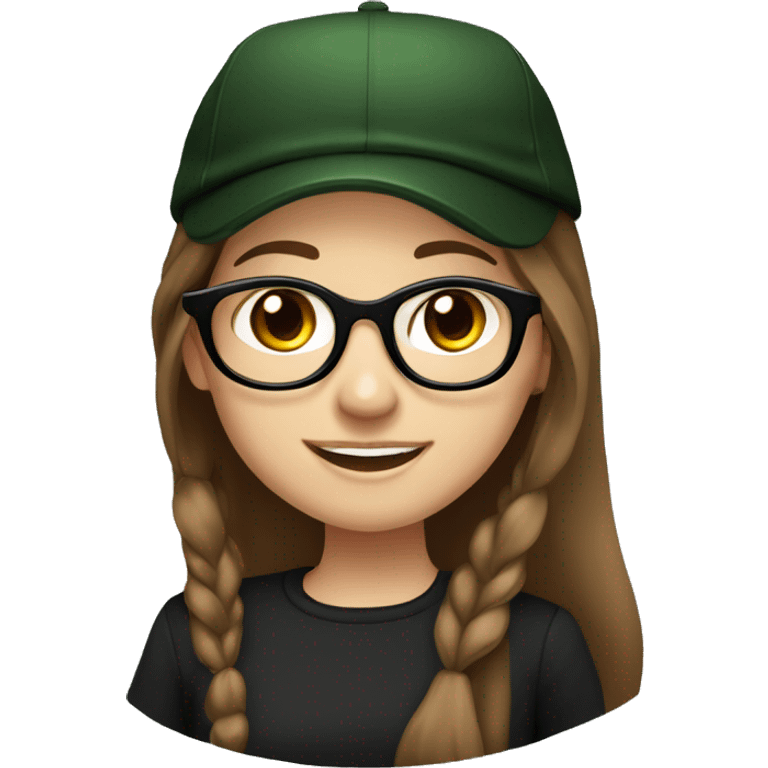 Slavic girl, light skin, smiling with teeth, round brown eyes, spotted frame glasses, long brown straight hair, black T-shirt, dark green cap, black badge ribbon. emoji