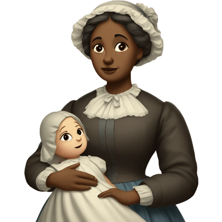 A 19th century woman with a child in her arms. There is a big letter "A" on the dress emoji