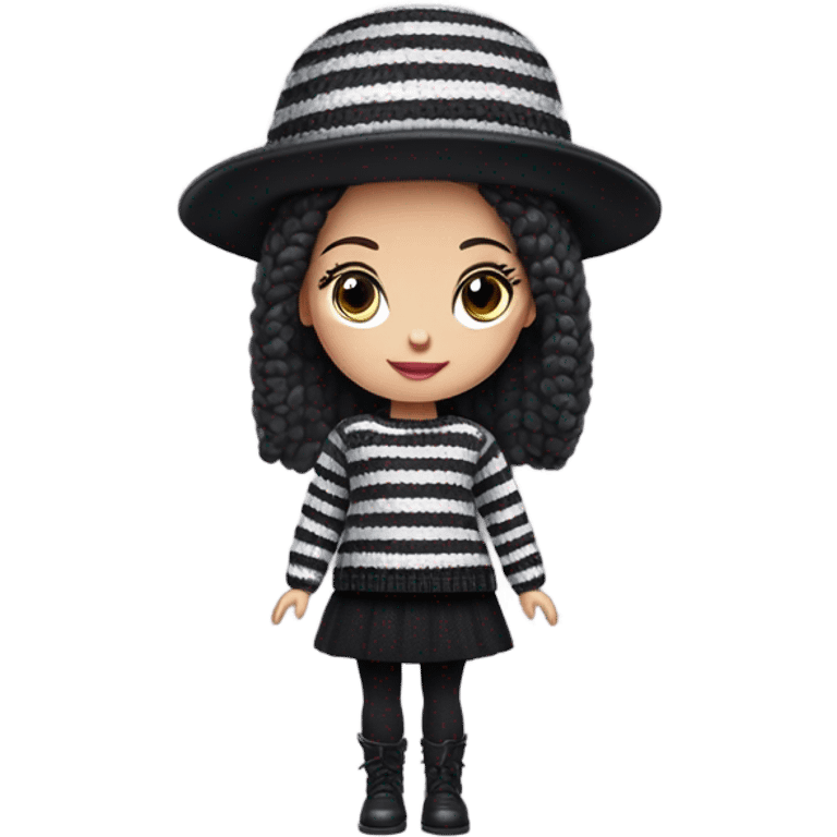 Bouclé Beauty Barbie, Wednesday Addams from academy, in dark-gray and black striped sweater with cute hat  emoji