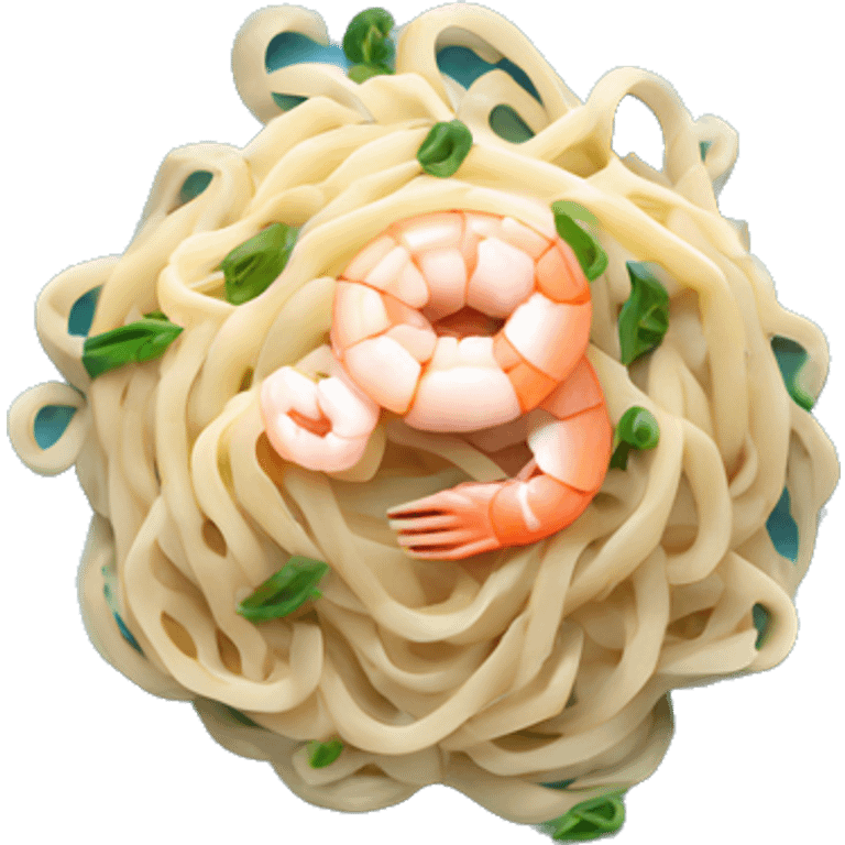 long thin pasta noodles on a blue plate with white sauce and shrimp, green background, top down view emoji