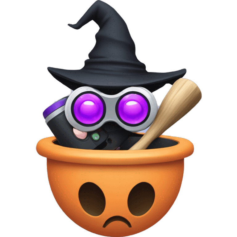 witch on a pestle with vr glasses and a gaming controller emoji