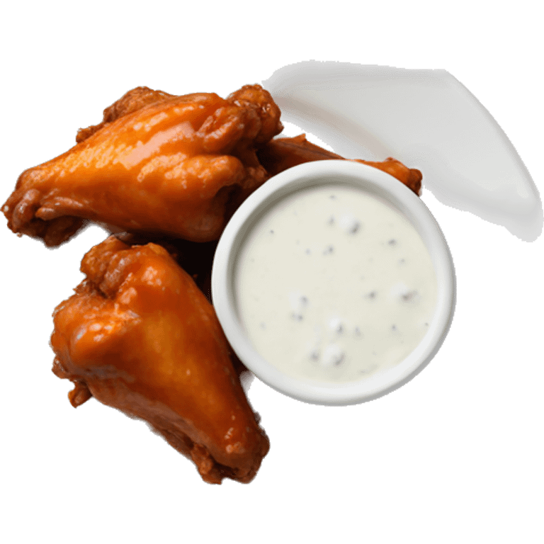 2 buffalo wings on a white plate with a side of ranch emoji