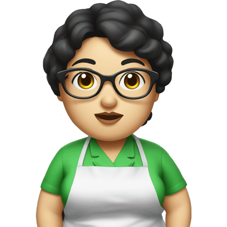 chubby lady with black hair and big eyes green apron  with glasses cooking  emoji