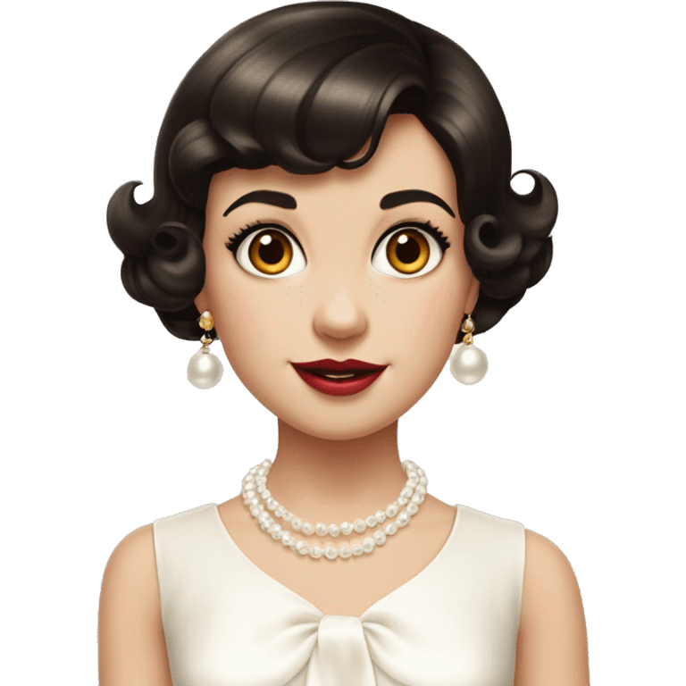 Cute girl 1950s short dark brown hair with fringe, white pearl necklace, gold bow earrings and white dress emoji