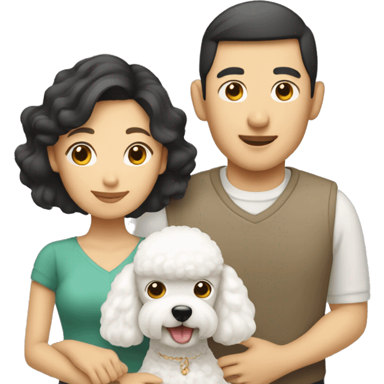 Asian husband and wife with small white poodle dog emoji