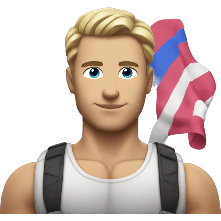 A muscular white man with half-slanted eyes and hair style with a parting on the left side holding the bisexual flag emoji