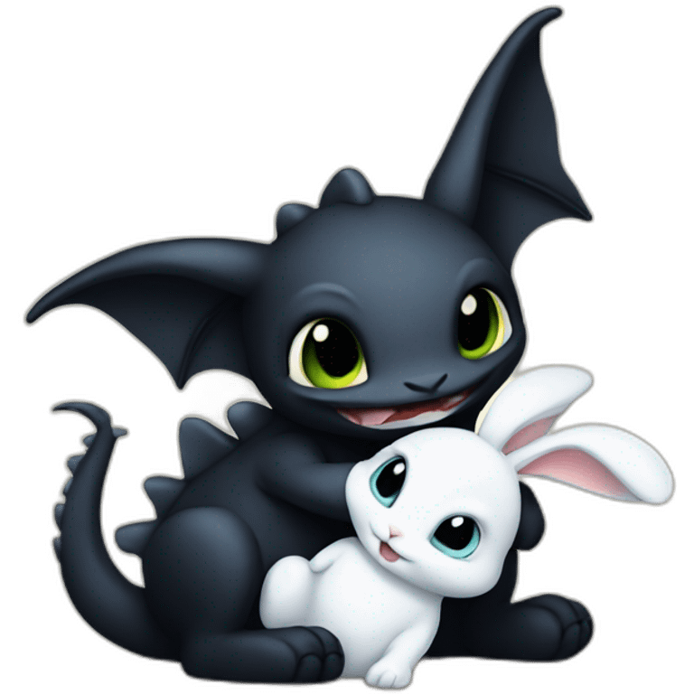 Toothless the dragon hugging a white bunny emoji