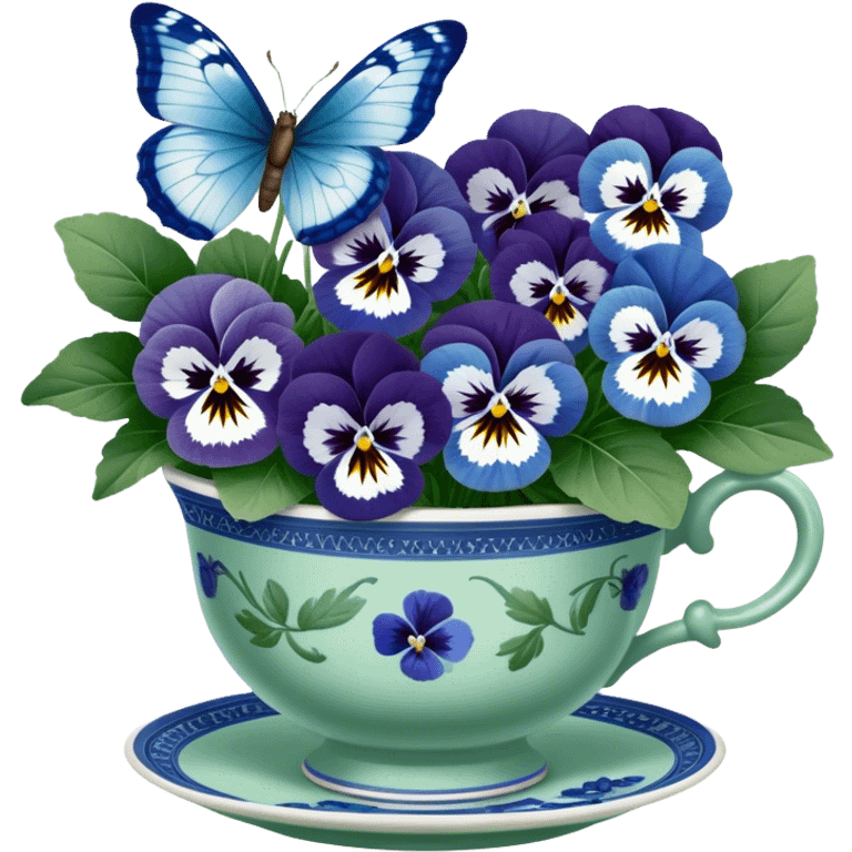 A cluster of blue and white pansies in an antique green porcelain cup, with a blue butterfly gently landing on a petal emoji