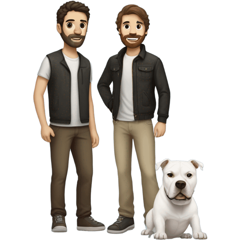 white male with dark brown hair and a lightly scruffy beard shadow standing alongside a white pitbull emoji