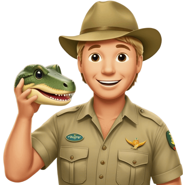 Cinematic Realistic Steve Irwin Portrait Emoji, depicted as a passionate wildlife expert in his signature khaki attire with an enthusiastic smile and a backdrop of the Australian outback, rendered with vibrant textures and dynamic natural lighting that captures his adventurous spirit. emoji