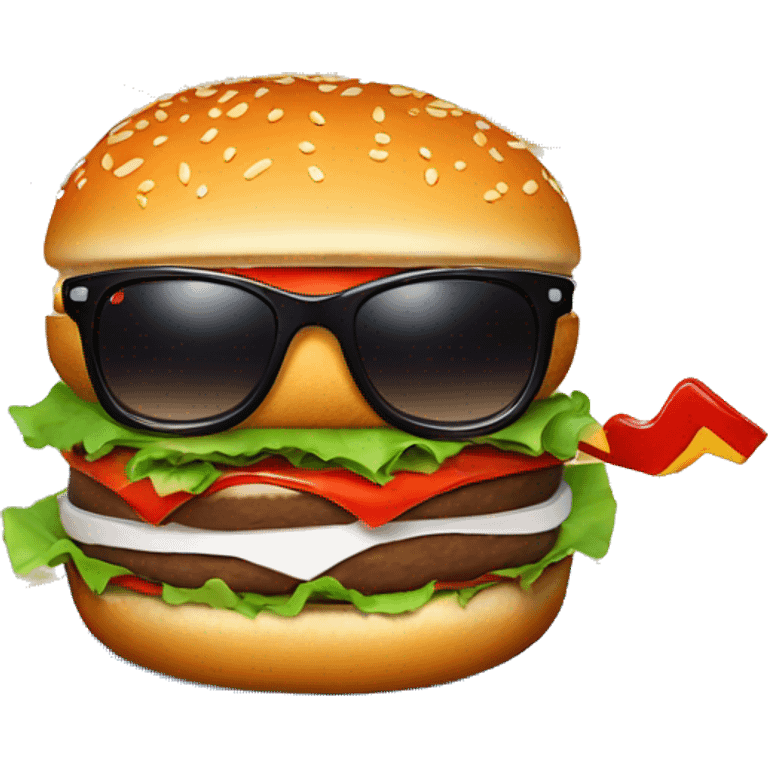 A burger with sunglasses surfing on a red ketchup looking wave  emoji