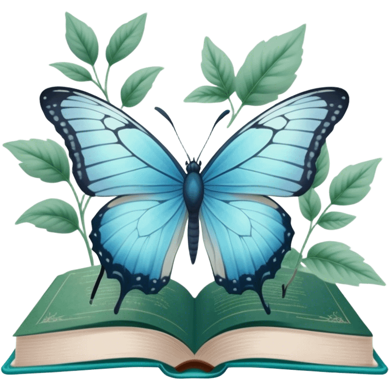 A pale blue butterfly hovering over an open green book with faded botanical illustrations. emoji