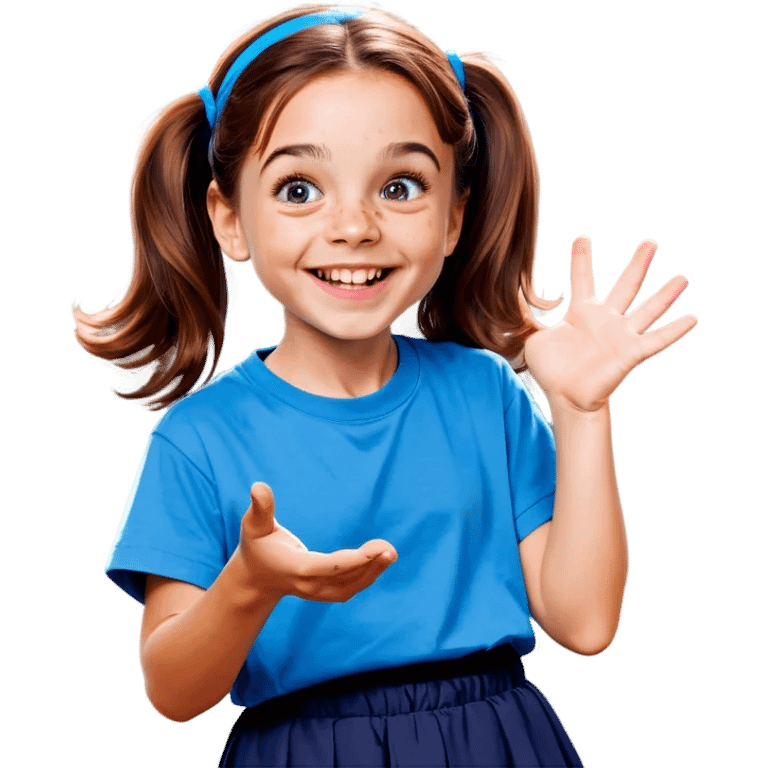 Little Girl, white skin, bronze hair, smile, tutor, bright blue t shirt, icon  emoji