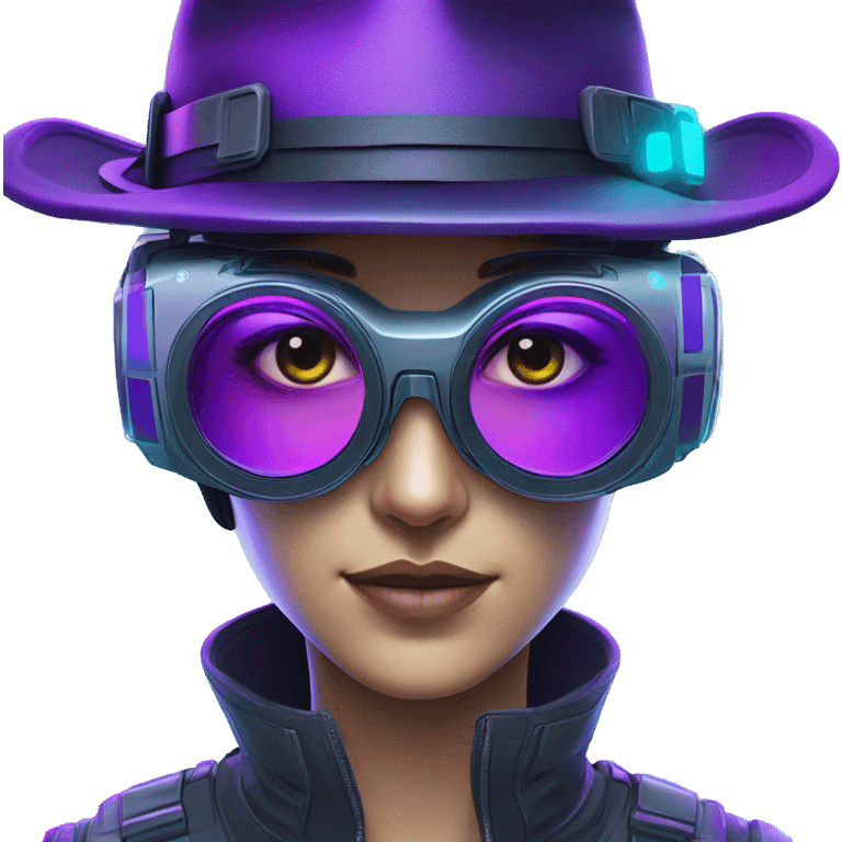 Secret human agent in a hat with  cyberpunk elements in Apple VR googles headset scanning looking reviewing multicolor lines of code, cyan and purple colors, only upper body portrait emoji