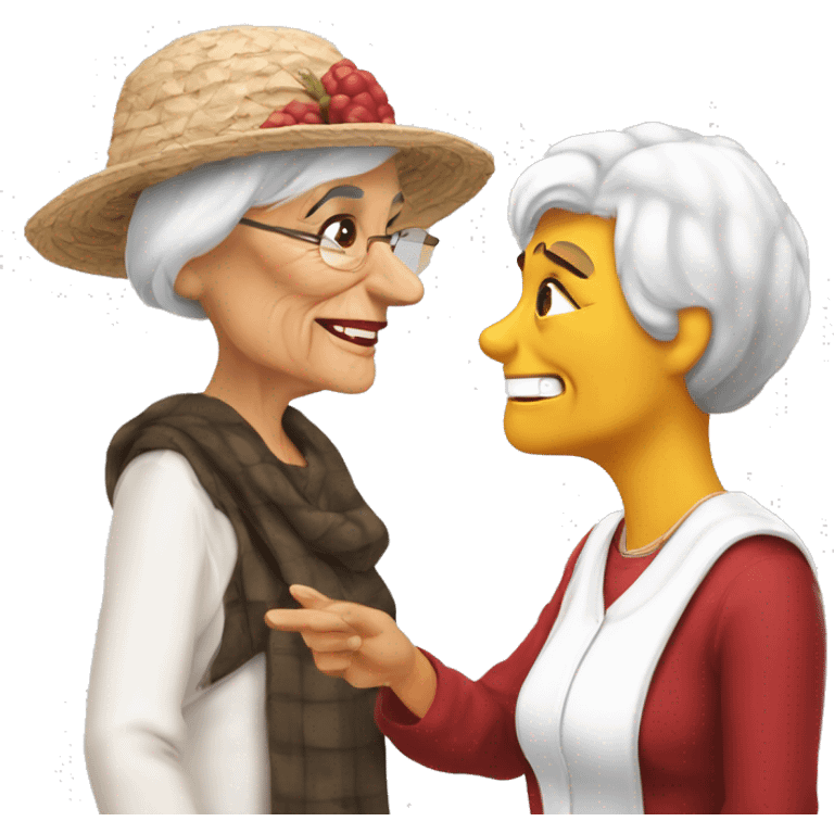 Old woman in Georgia bulldog clothes talking to middle aged woman in South Carolina gamecock clothes emoji