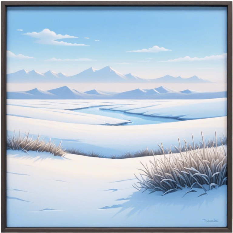 Cinematic Realistic Tundra Emoji in a wooden frame, Vast and cold, with wide expanses of snow-covered ground, sparse grasses poking through, and the occasional hardy shrub breaking up the pale white landscape. The sky above is a pale, frosty blue, and the light reflects off the snow, creating a serene yet starkly beautiful environment. Soft glowing outline, capturing the essence of a quiet, still, frozen wilderness where life endures despite the harsh conditions. emoji