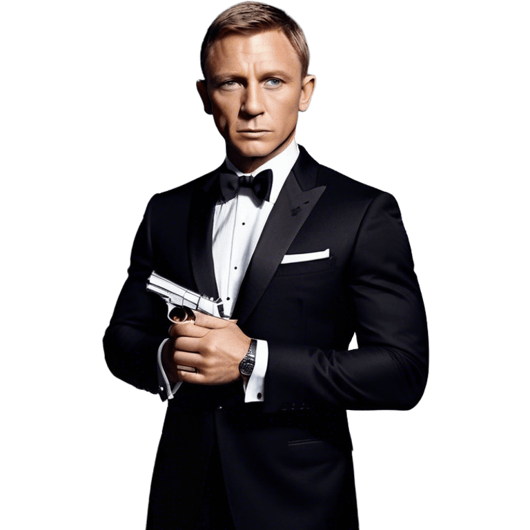 Cinematic Realistic James Bond Daniel Craig Portrait Emoji, depicted as the ultimate suave and enigmatic secret agent, donning a sharply tailored tuxedo, gripping a sleek handgun, with a piercing gaze that exudes confidence and danger. The scene is infused with moody, high-contrast cinematic lighting, evoking the thrilling world of espionage and intrigue. emoji