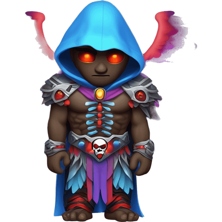 
Un personnage crânien stylisé avec capuche sombre, ailes lumineuses multicolores (rouge, violet, bleu), yeux rouges en croix, halo au-dessus, épées croisées dans le dos, torse musclé, bracelets noirs, et un style cartoon néon énergique. emoji