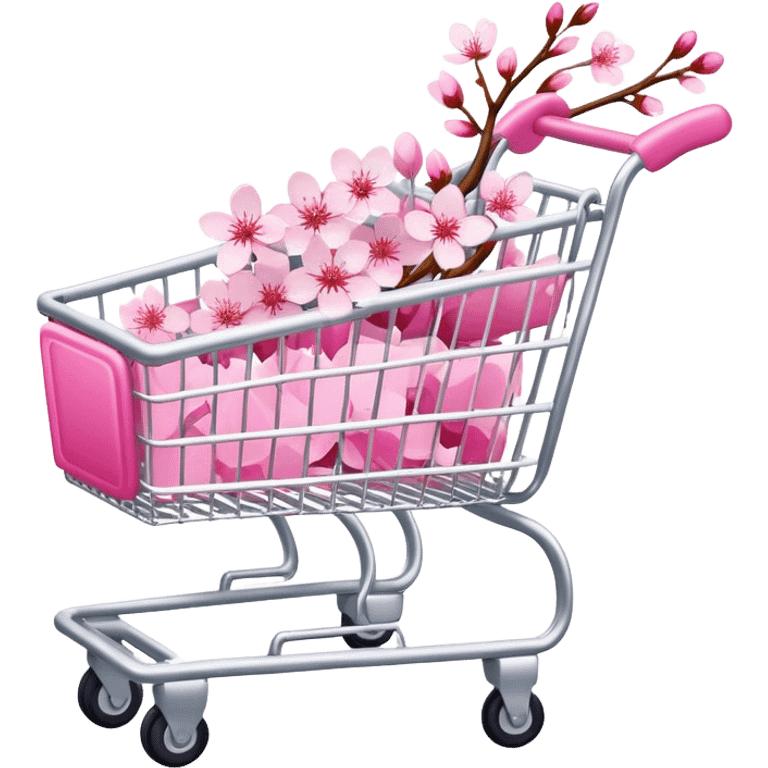 White shopping cart wrapped with pink cherry blossoms emoji