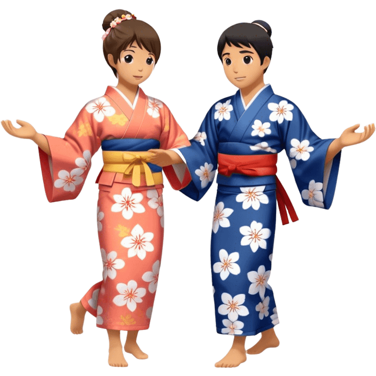 Cinematic Realistic scene of two performers engaging in Bon Odori, dressed in traditional yukata with intricate summer patterns, captured in graceful, rhythmic motion with warm, festive lighting emoji