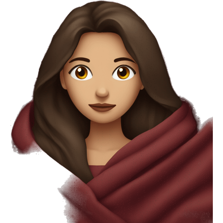 Brunette girl inside a maroon blanket sipping coffee eyes closed emoji