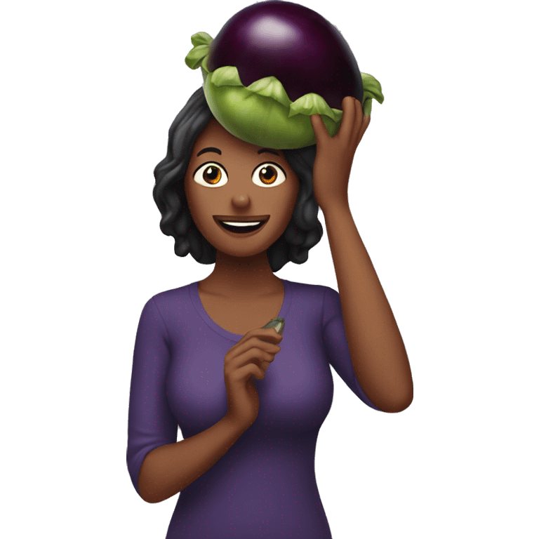 Woman holding eggplant over her head emoji