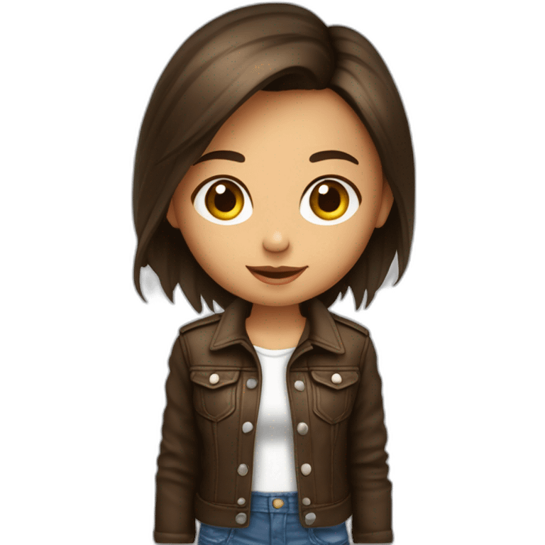 Petite fille brune aux yeux marrons, qui porte un jean un t-shirt rock et un blouson en cuir emoji